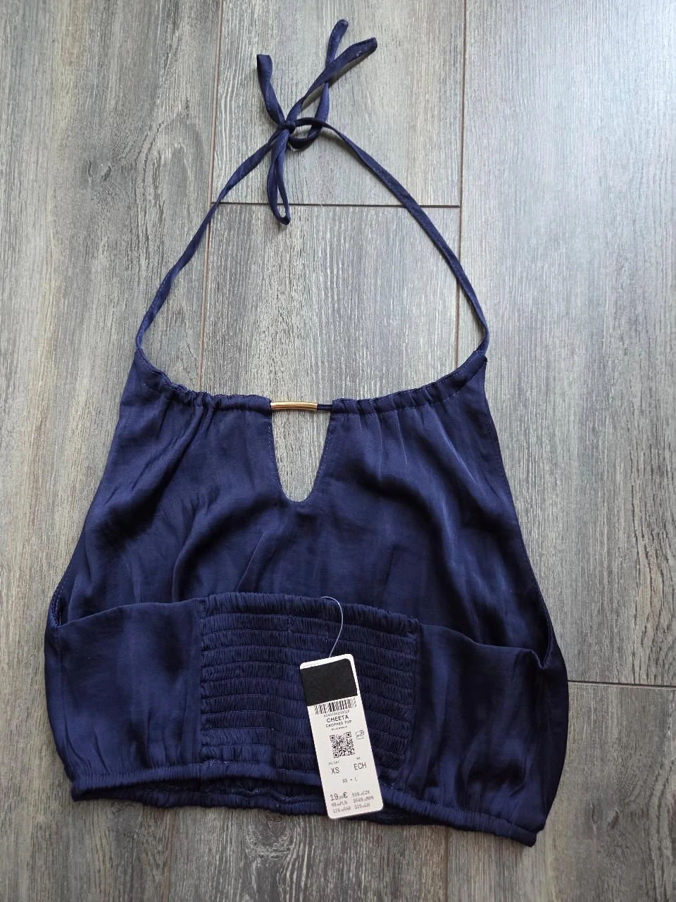 Top corto con espalda descubierta, fluido, color azul marino, para verano, playa o noche elegante • XS • Nuevo con etiqueta – photo 4